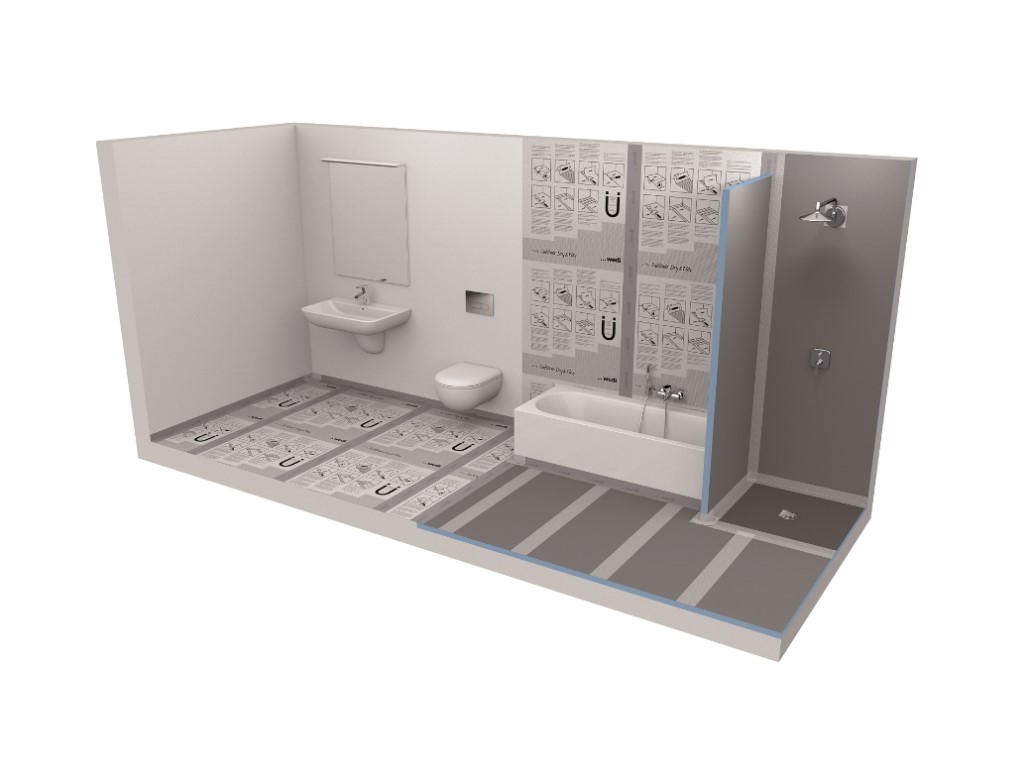 In this bathroom, the shower area and bathtub are separated by a wedi wall element. The element simply needs to be cut as required, put into place and then adhered, which takes around 30 minutes working time.